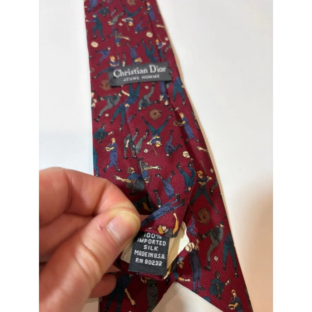 Christian Dior Silk Tie Baseball Print Burgundy Novelty Mens Necktie